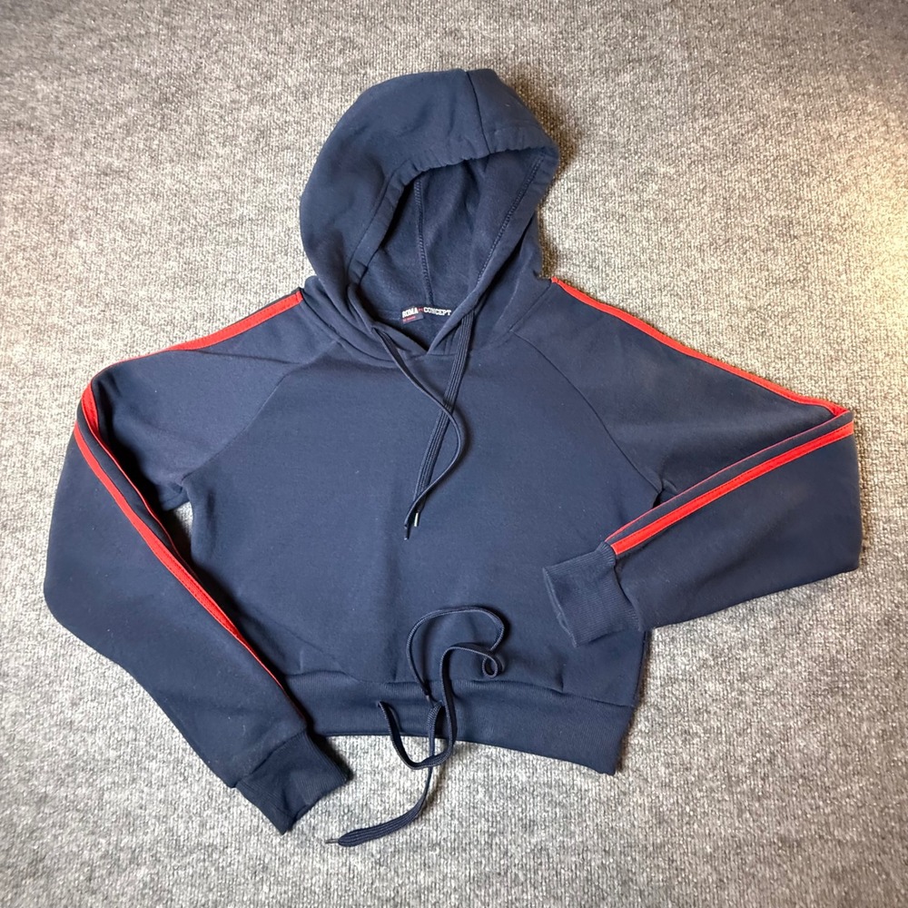 Roma Concept by Rosee Navy Blue Cropped Hoodie Red Side Stripes Womens Small